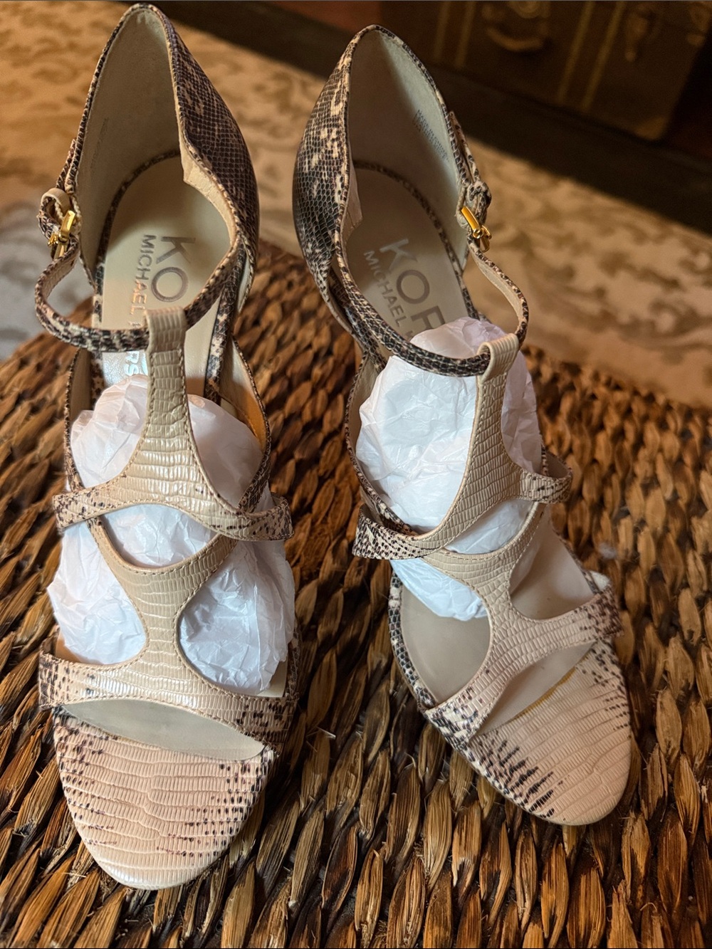 MICHAEL KORS Beige and Brown Snake-Print Strappy Heels